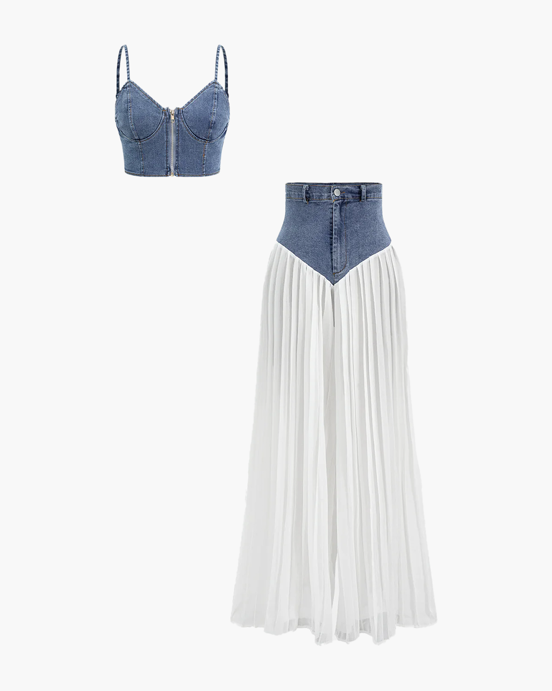 Chloe – Denim Bustier And Pleated Chiffon Pants Set