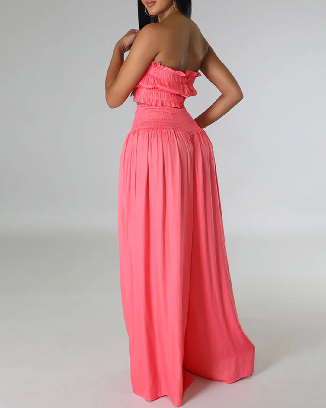 Strapless Ruched Top Wide Leg Pants Set
