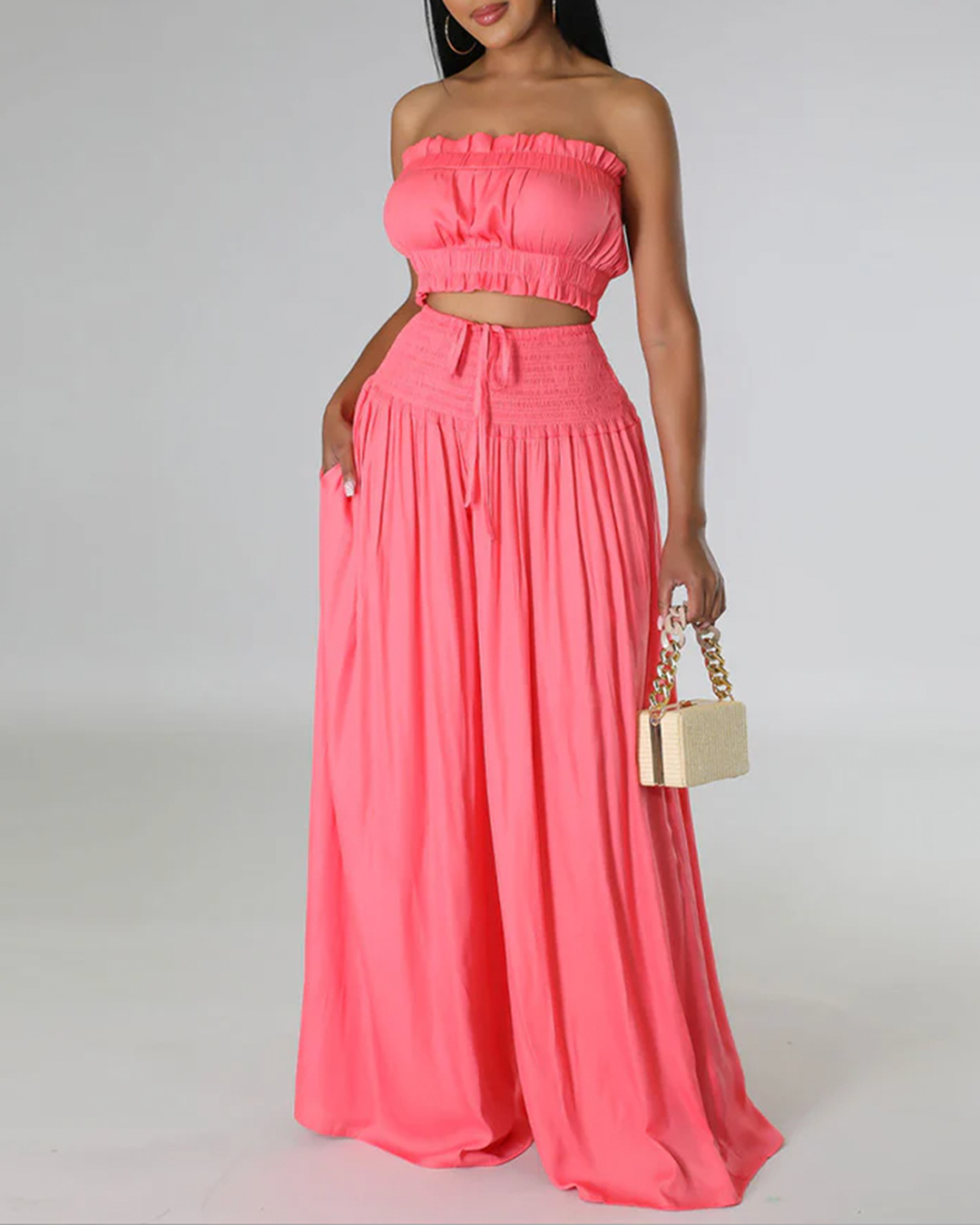 Strapless Ruched Top Wide Leg Pants Set