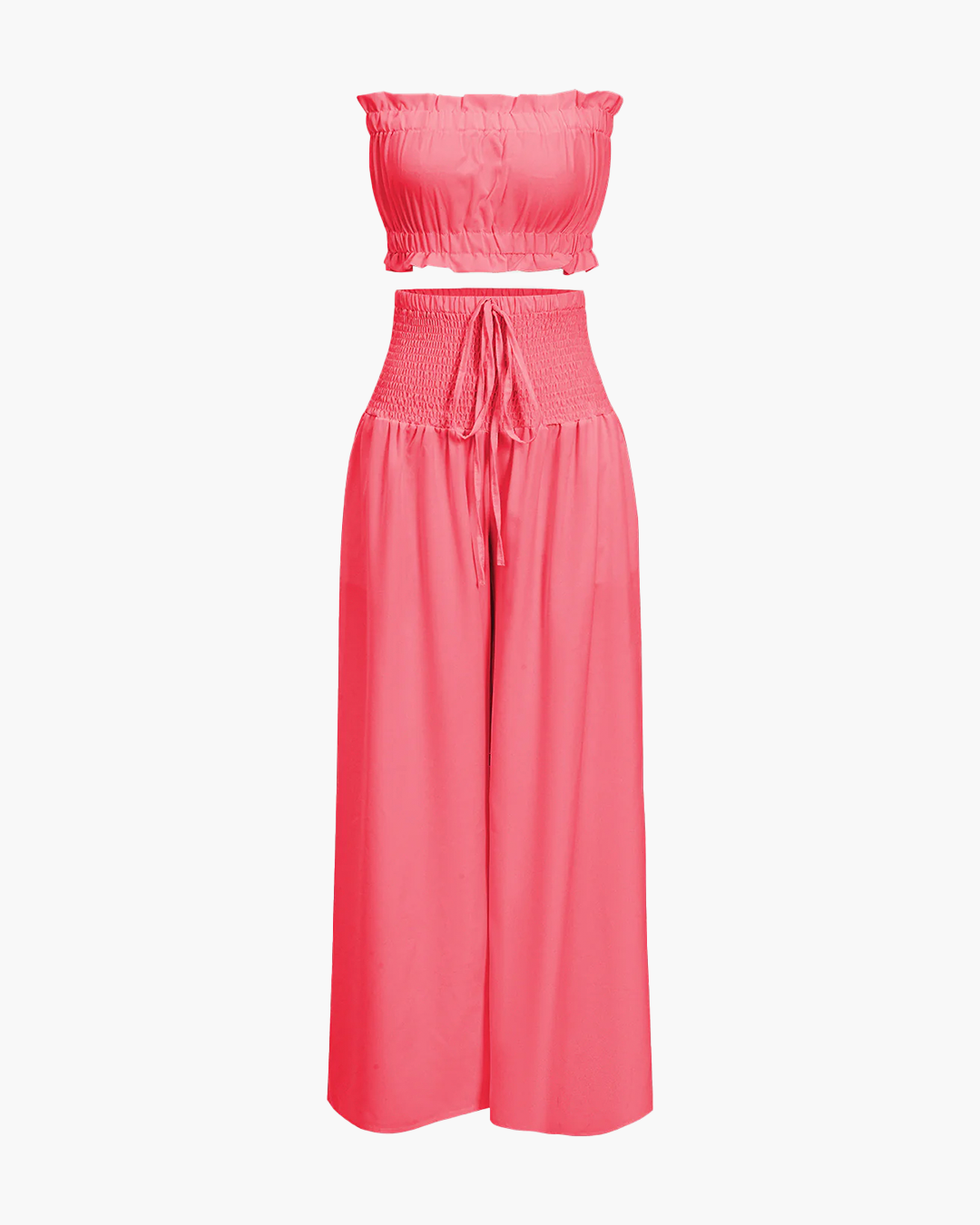 Strapless Ruched Top Wide Leg Pants Set