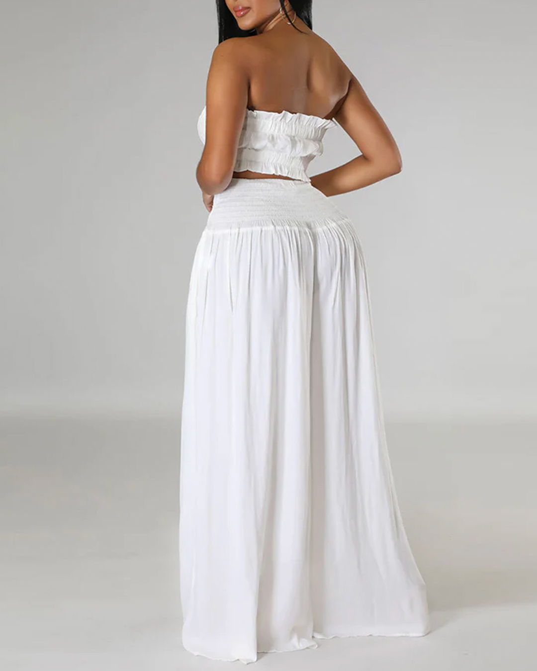 Strapless Ruched Top Wide Leg Pants Set
