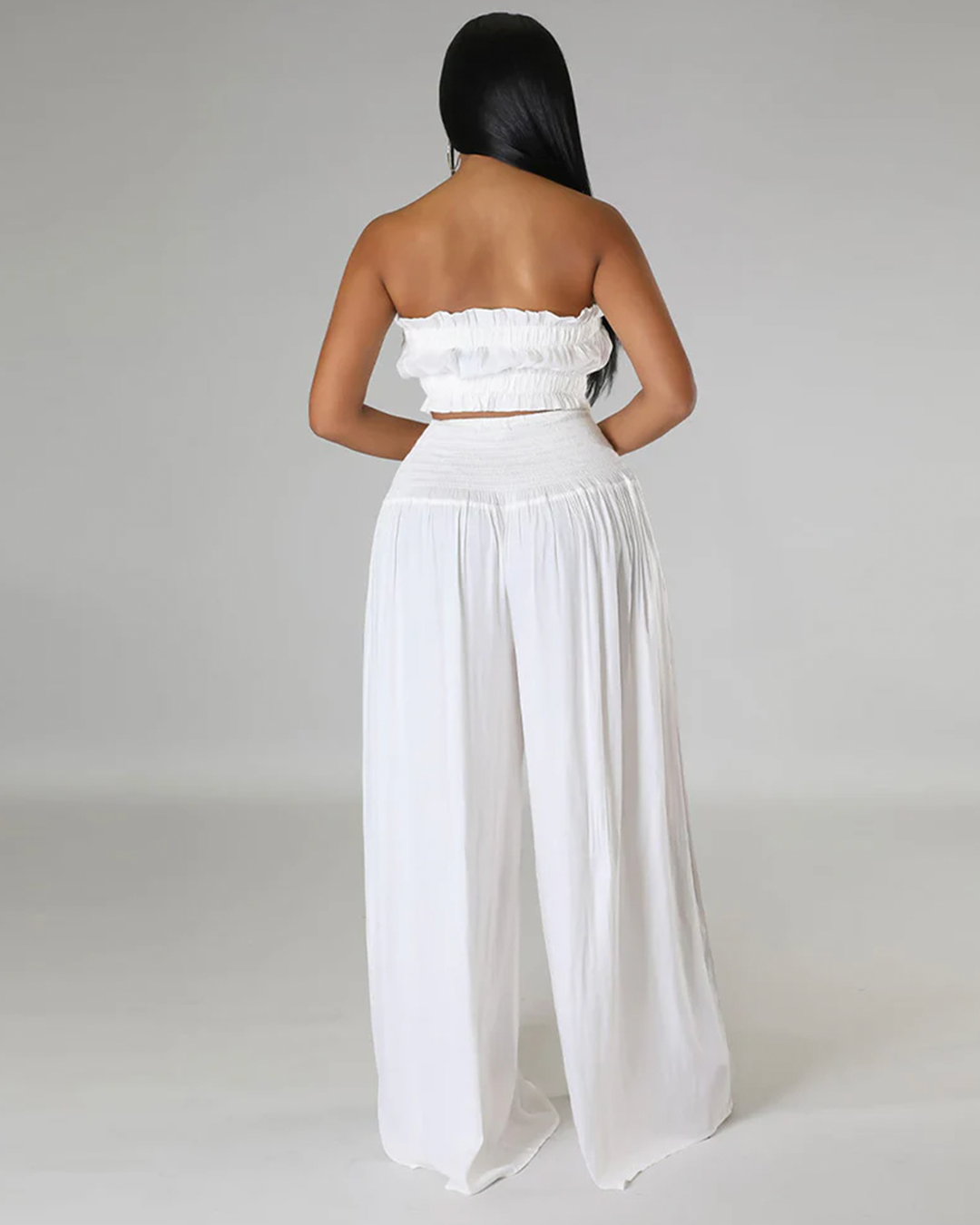 Strapless Ruched Top Wide Leg Pants Set