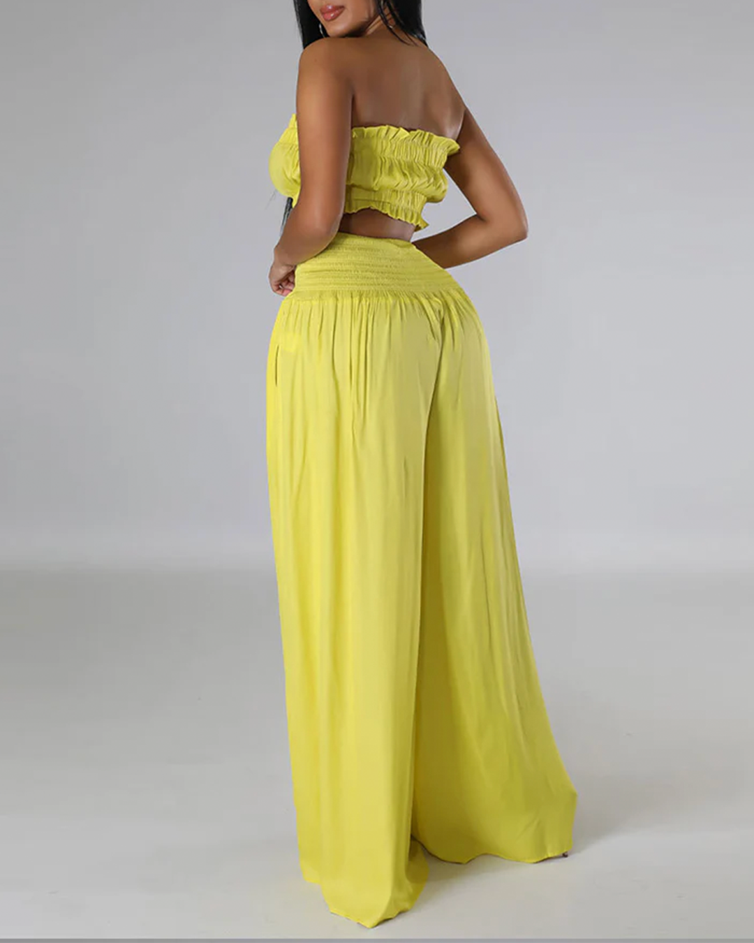 Strapless Ruched Top Wide Leg Pants Set
