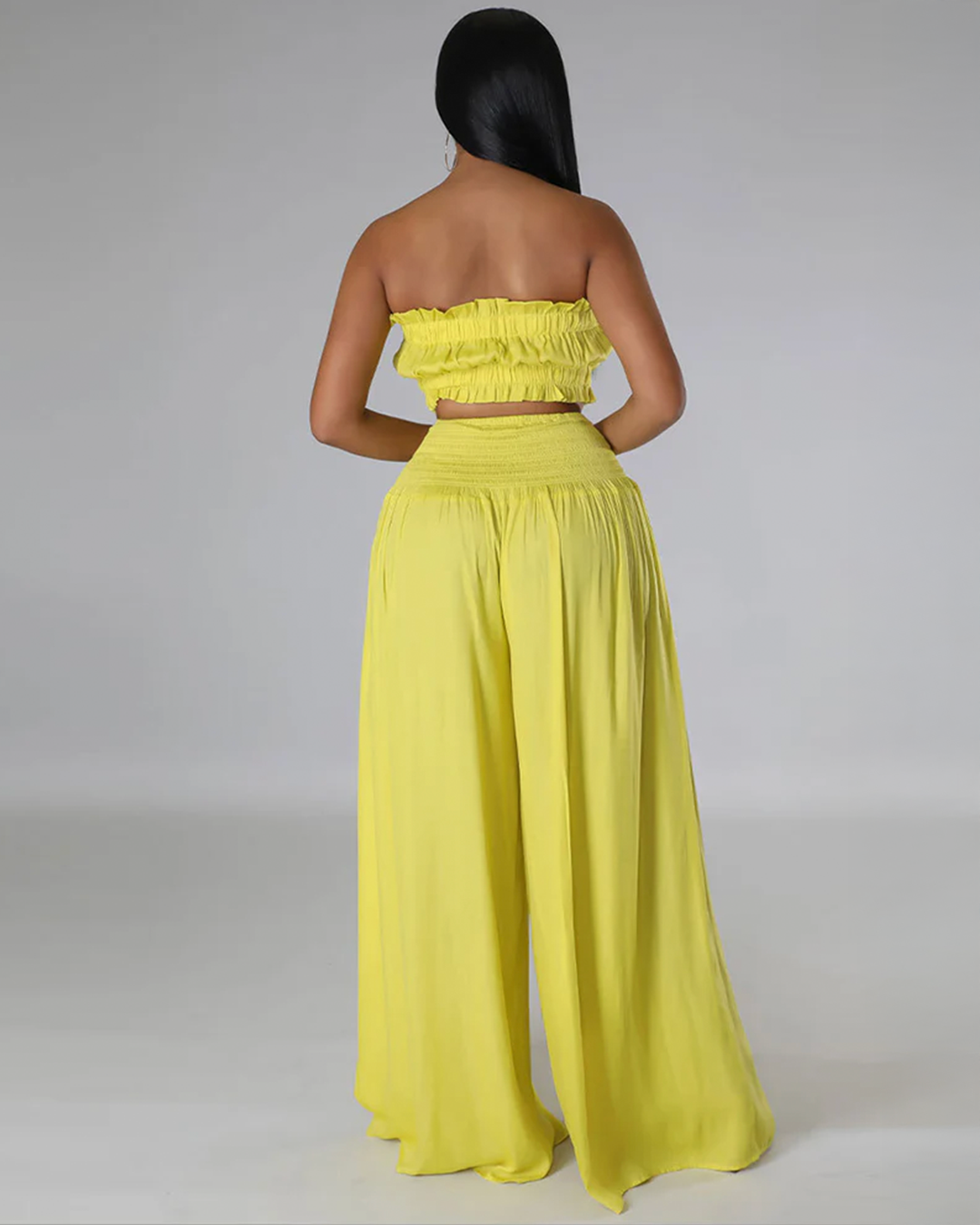 Strapless Ruched Top Wide Leg Pants Set