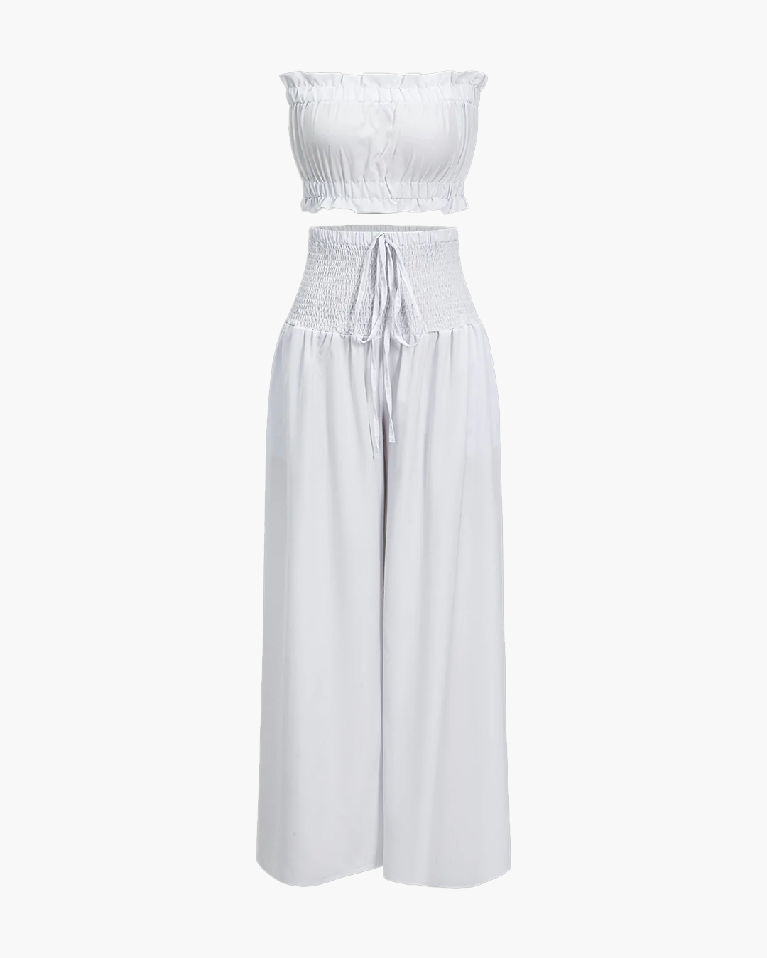Strapless Ruched Top Wide Leg Pants Set