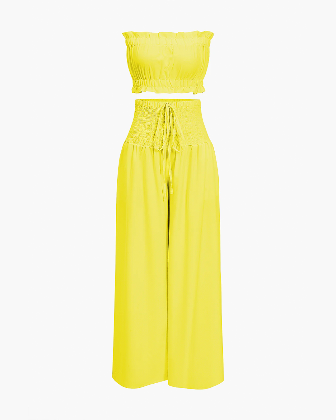 Strapless Ruched Top Wide Leg Pants Set