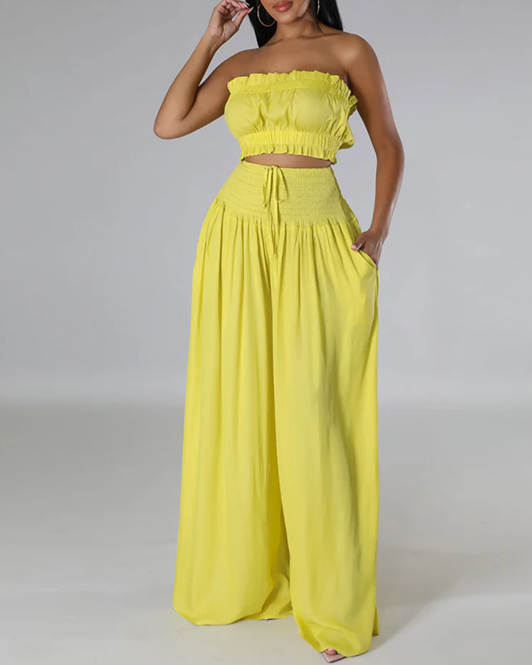Strapless Ruched Top Wide Leg Pants Set